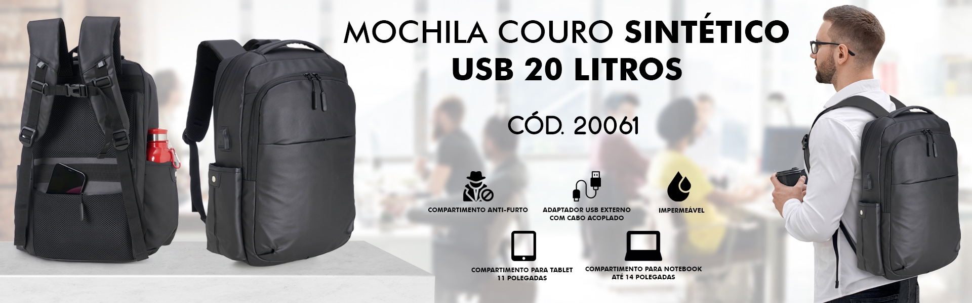 Mochila Couro Sintético USB 20 Litros 20061